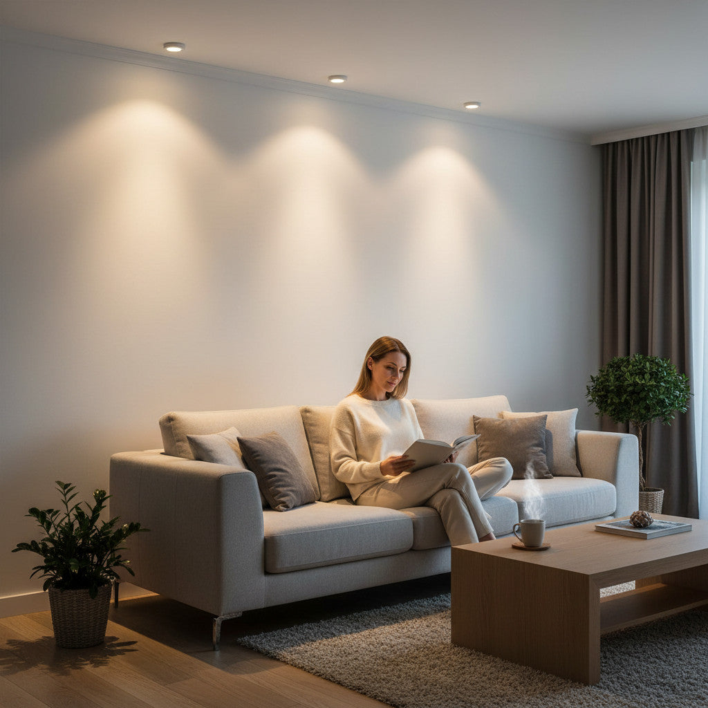 Lysverden ultraslank rund LED-downlight med diffus PMMA-front, 18 mm dyp, gir mykt, blendfritt lys.