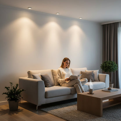 Lysverden ultraslim round LED downlight with diffused PMMA front, 18mm deep, providing soft, glare-free light.