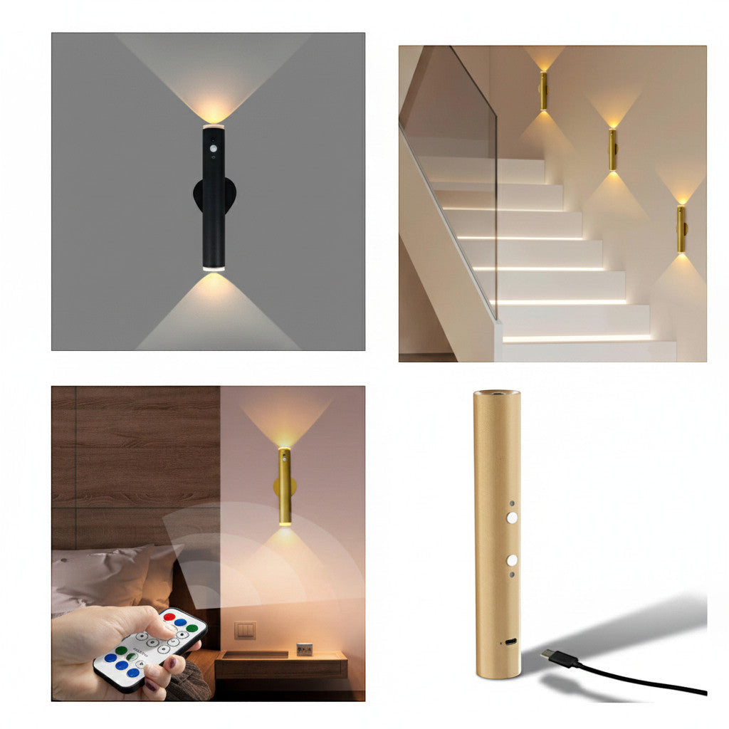 Lysverden vertical metal wall lamp with up/down light, remote control, 3 color temps, magnetic mount, USB-C charging.
