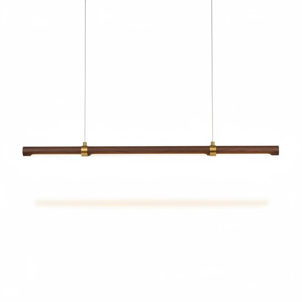 Lysverden linear LED pendant light in walnut wood with brass accents, featuring a minimalist Japandi design.