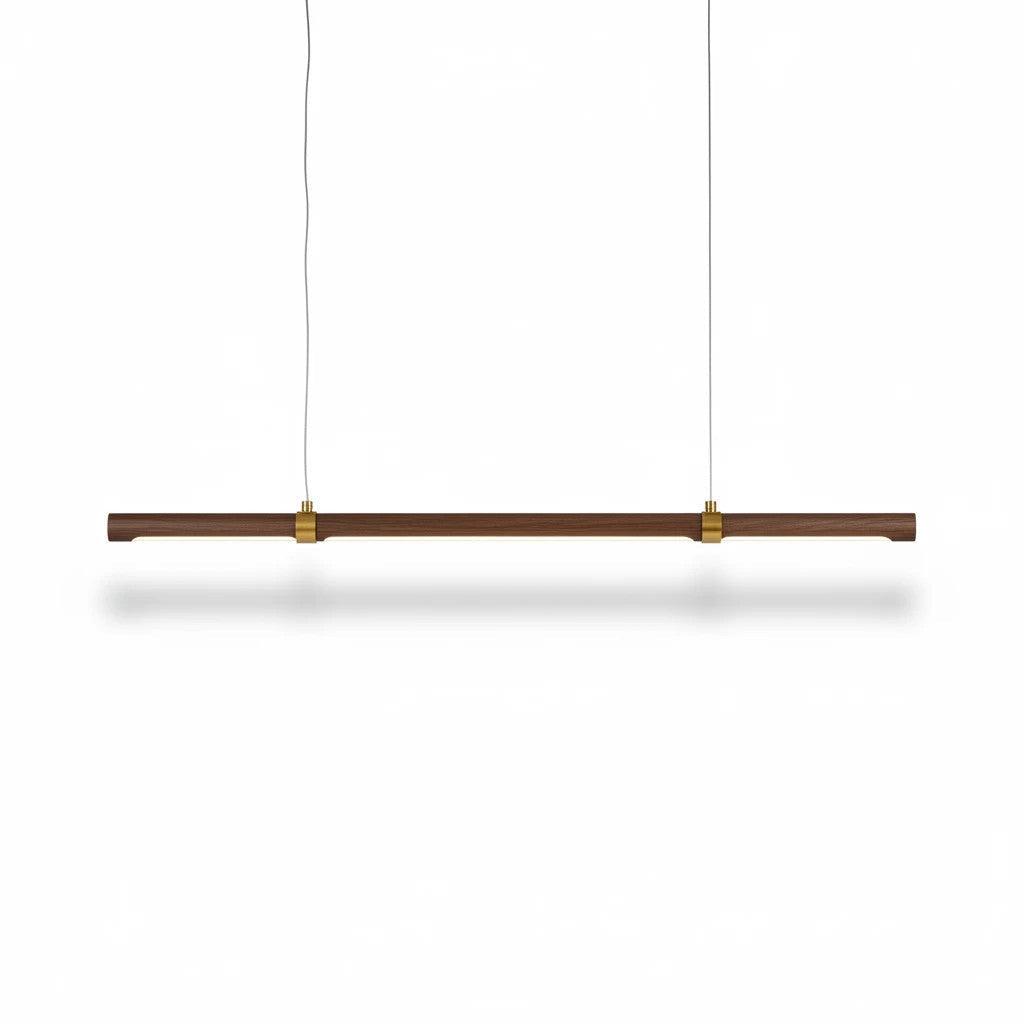 Lysverden linear LED pendant light in walnut wood with brass accents, featuring a minimalist Japandi design.