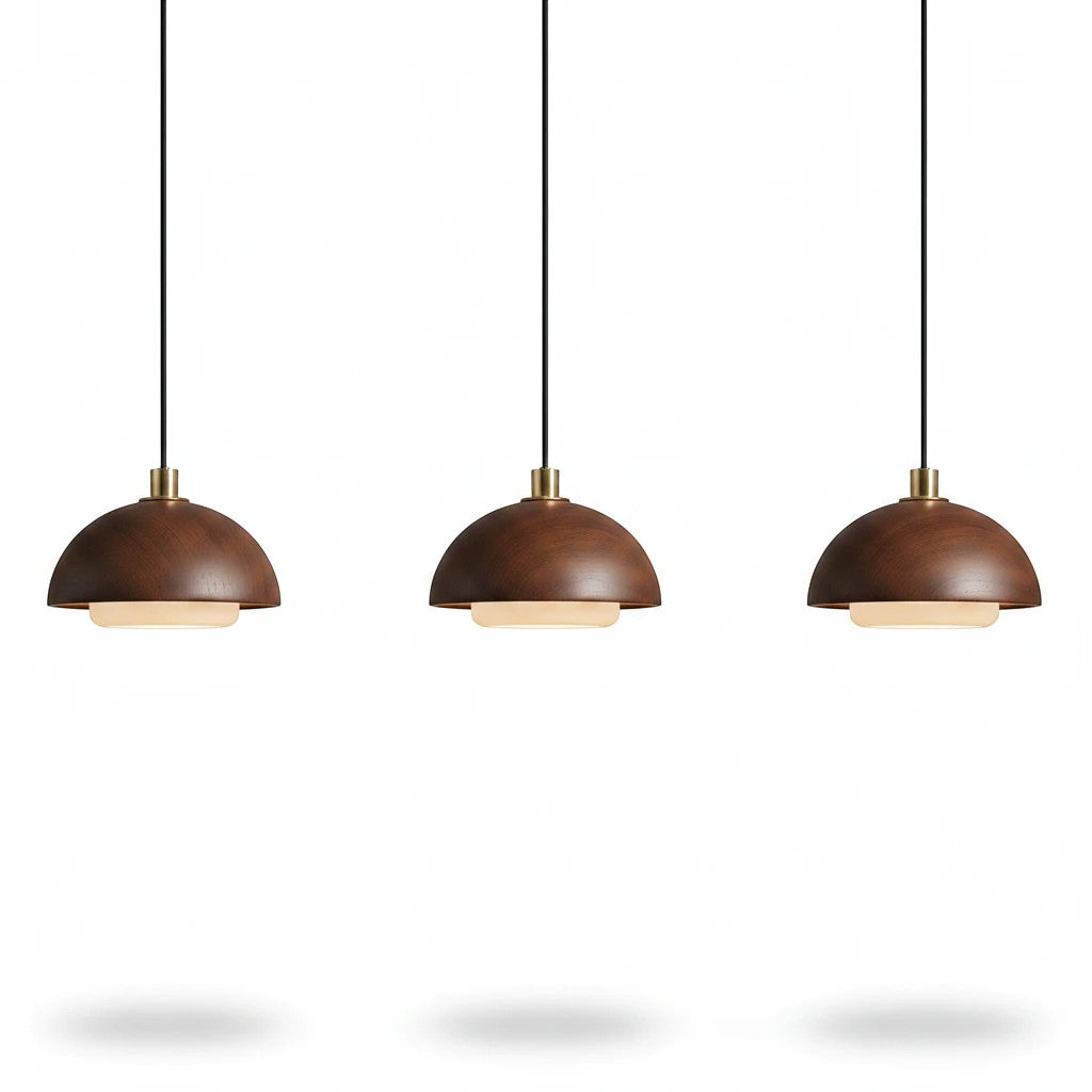 Lysverden set of three round walnut wood pendant lights with integrated warm LED lighting in a minimalist Japandi style