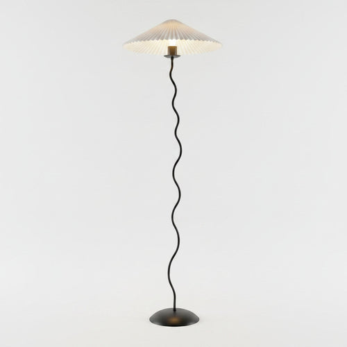 Lysverden sculptural floor lamp with a black wavy stem and a pleated white disc shade on a round base.