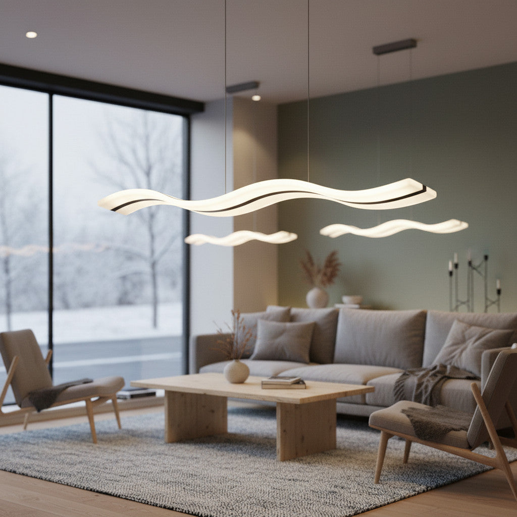 Lysverden wavy LED pendant light with a sleek modern design hanging in a minimalist Scandinavian living room.