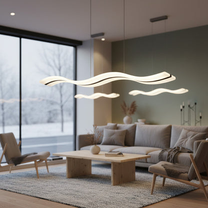 Lysverden wavy LED pendant light with a sleek modern design hanging in a minimalist Scandinavian living room.