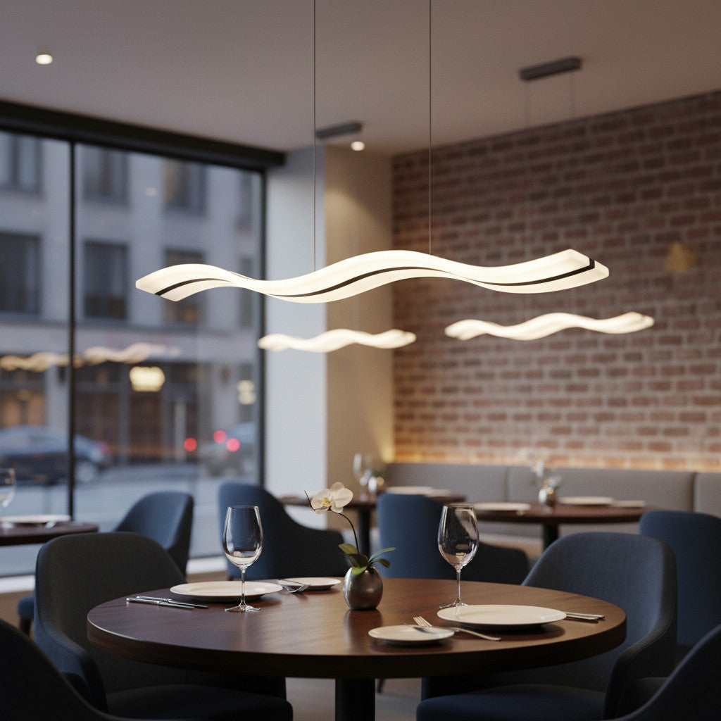 Lysverden wavy LED pendant light with a sleek modern design hanging over a restaurant dining table