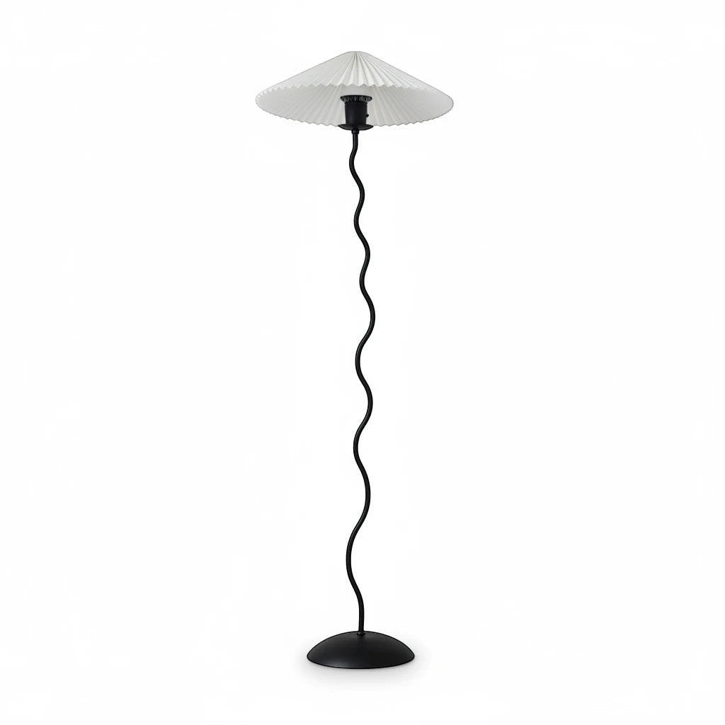 Lysverden sculptural floor lamp with a black wavy metal stem and a white pleated disc shade on a round base.