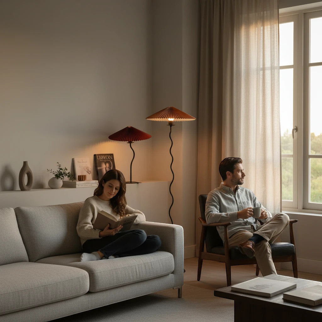 Lysverden sculptural floor lamps with wavy stems and red pleated disk shades in a cozy modern living room setting.
