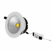 Lysverden Premium white adjustable COB LED downlight with deep, anti-glare optics and a yellow center. IP44 rated.