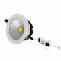Lysverden Premium white adjustable COB LED downlight with deep, anti-glare optics and a yellow center. IP44 rated.