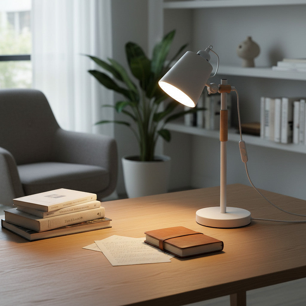 Lysverden white adjustable desk lamp with wood accents, metal construction, and E27 socket.