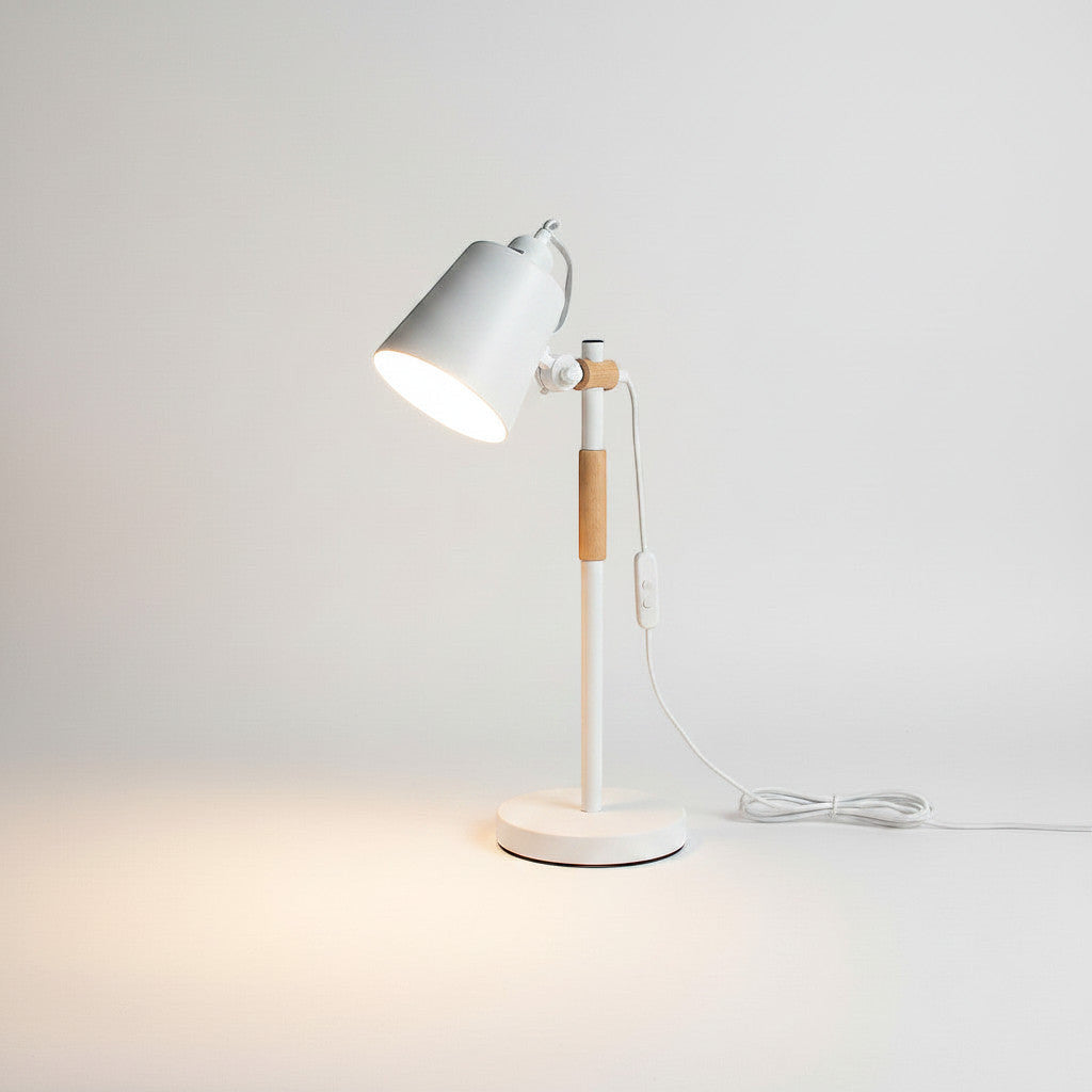 Lysverden white adjustable desk lamp with wood accents and E27 socket, industrial design.