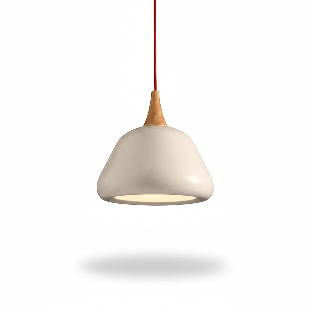 Lysverden white aluminum pendant lamp with a rounded dome shape and a natural wood accent on a red cord.