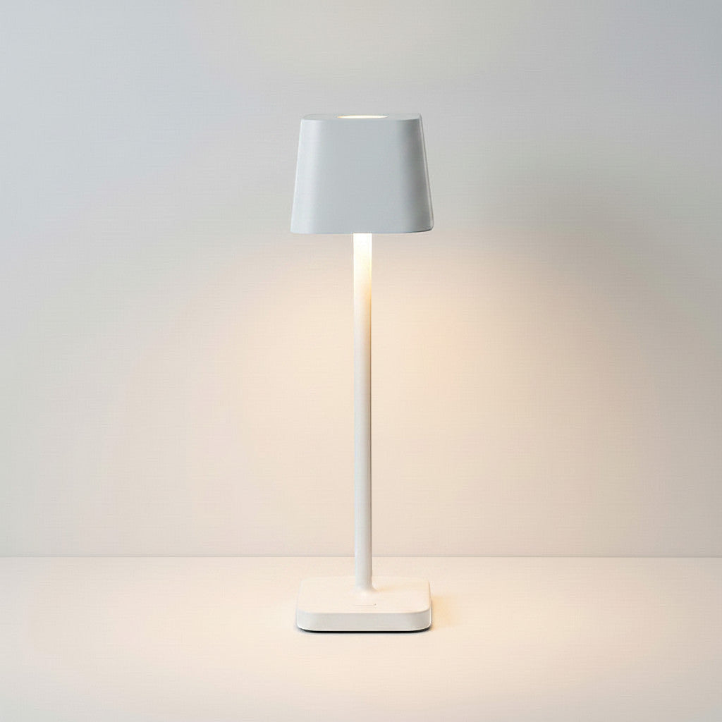 Lysverden cordless white aluminum restaurant table lamp with square base and shade, touch control, dimmable, 3000K warm light.