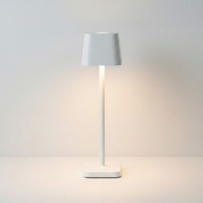Lysverden cordless white aluminum restaurant table lamp with square base and shade, touch control, dimmable, 3000K warm light.