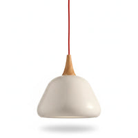 Lysverden white aluminum pendant lamp with a rounded dome shape and a natural wood accent on a red cord.