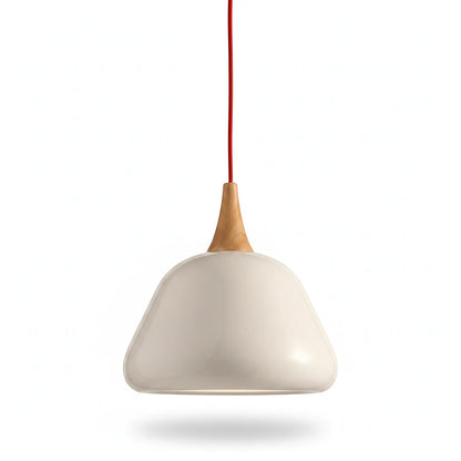 Lysverden white aluminum pendant lamp with a rounded dome shape and a natural wood accent on a red cord.
