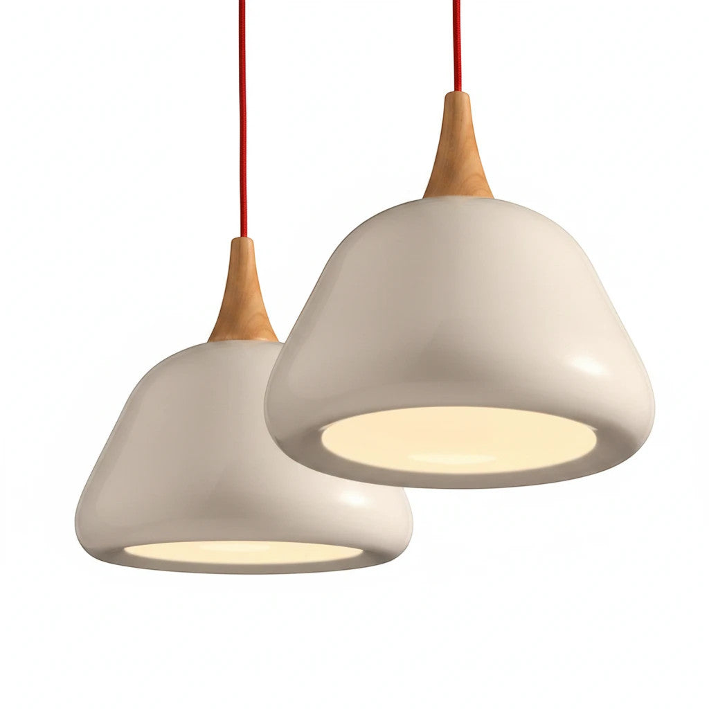 Lysverden white aluminum pendant lights with rounded dome shapes and natural wood accents hanging on red cords