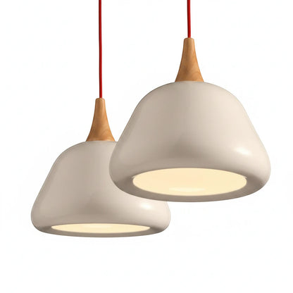 Lysverden white aluminum pendant lights with rounded dome shapes and natural wood accents hanging on red cords