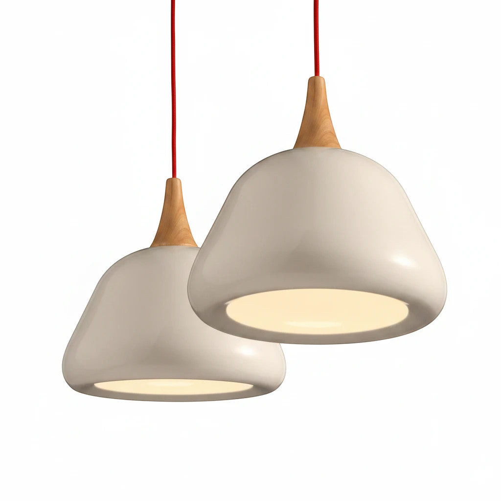 Lysverden white aluminum dome pendant lights with wooden accents and red cords in a Scandinavian style
