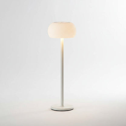 Lysverden white aluminum and PMMA bell table lamp with touch control and dimming, IP54 waterproof, 3600 mAh battery.