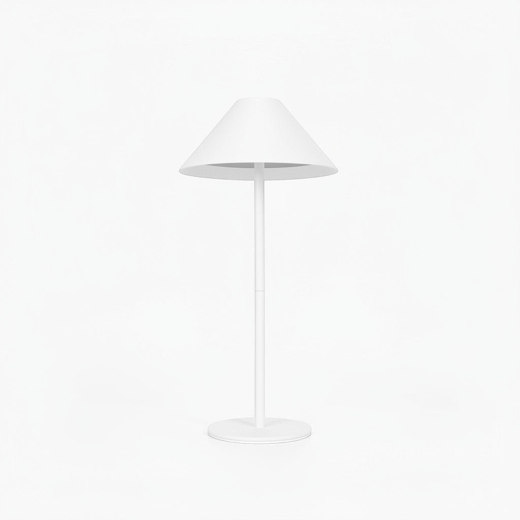 Lysverden white cordless table lamp with conical ABS shade, metal base, touch control, and dimming. 3000K.
