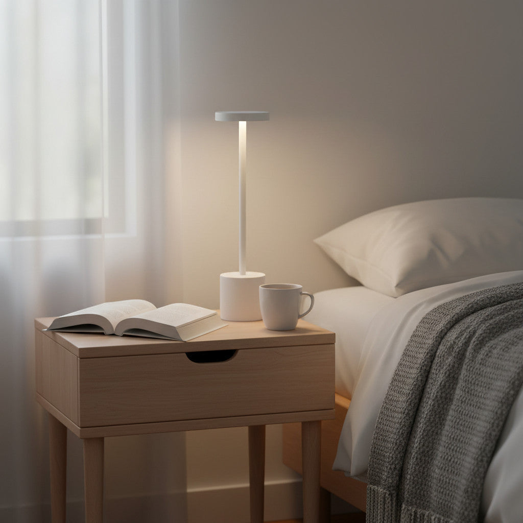 Lysverden white cordless disc-top table lamp with touch control and 3-level dimming. Available in 3 sizes.