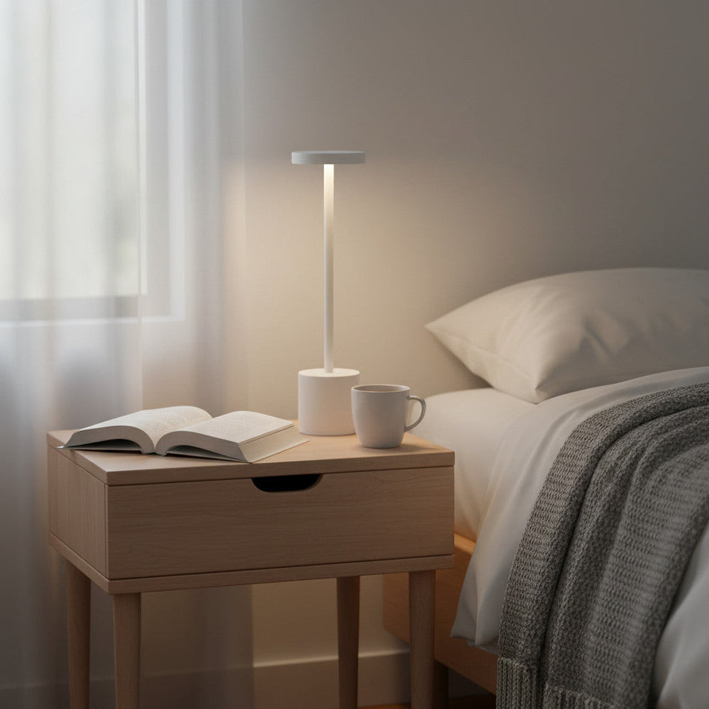 Lysverden white cordless disc-top table lamp with touch control and 3-level dimming. Available in 3 sizes.