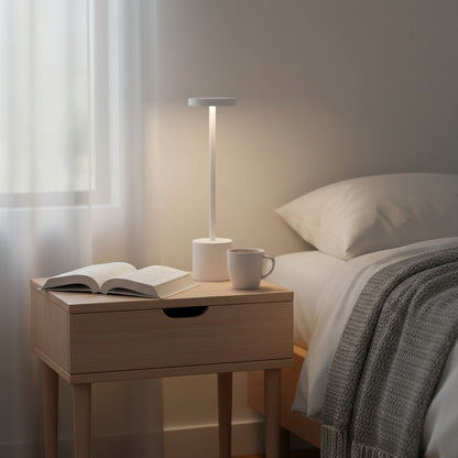Lysverden white cordless disc-top table lamp with touch control and 3-level dimming. Available in 3 sizes.