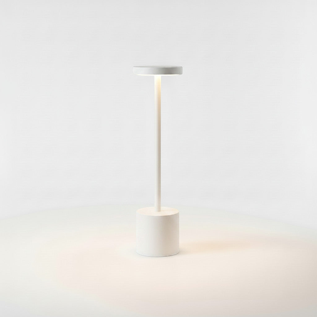 Lysverden white cordless disc-top table lamp with touch control and 3-level dimming. Available in 3 sizes.