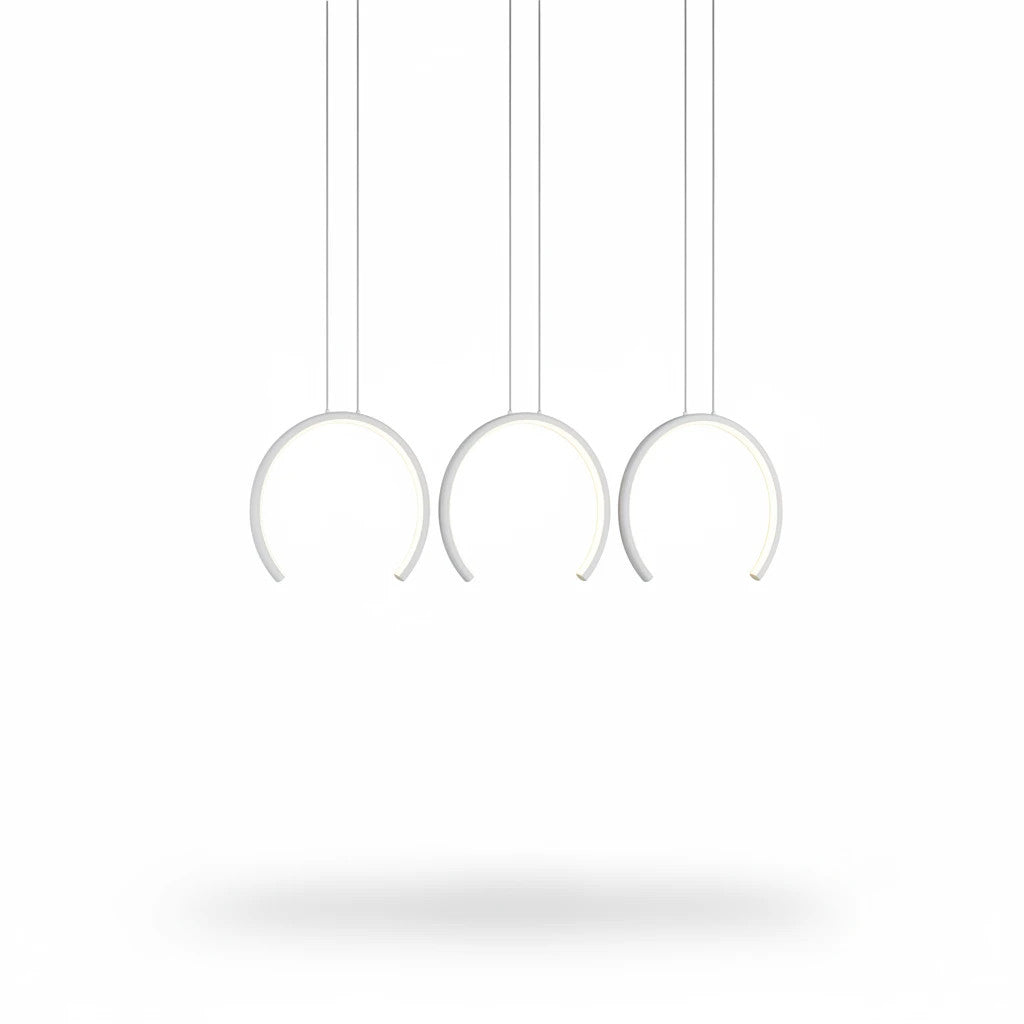 Lysverden white curved LED pendant light with three sculptural hanging arcs for modern minimalist interior lighting.