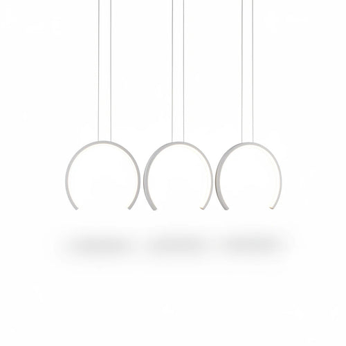 Lysverden white curved LED pendant light with three sculptural hanging arcs for modern dining room lighting.
