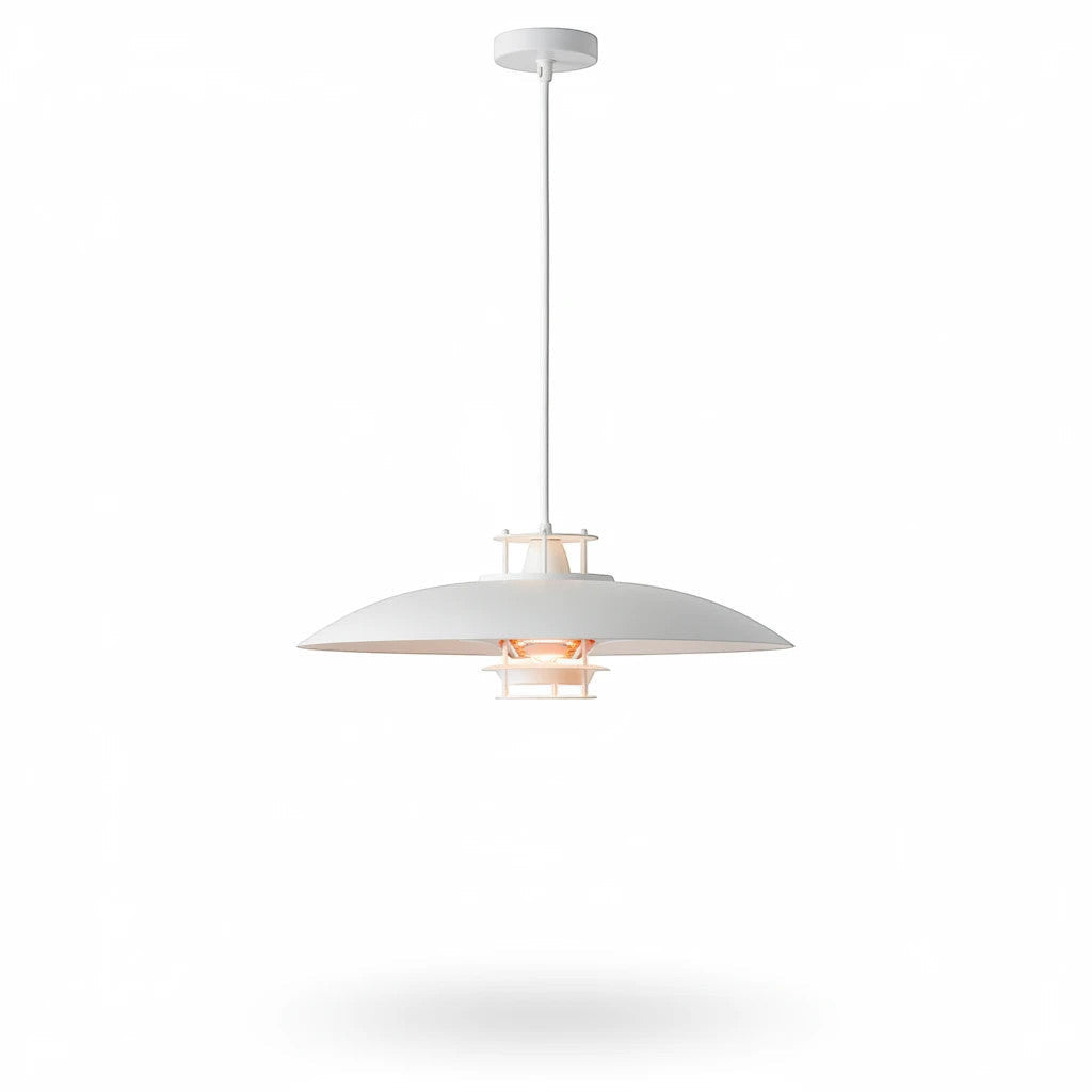 Lysverden white layered metal pendant lamp with a minimalist Nordic design for glare-free downward lighting.