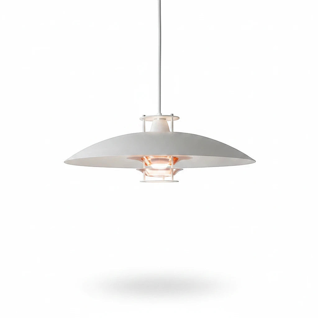 Lysverden white layered metal pendant lamp with a minimalist Nordic design for glare-free downward lighting.