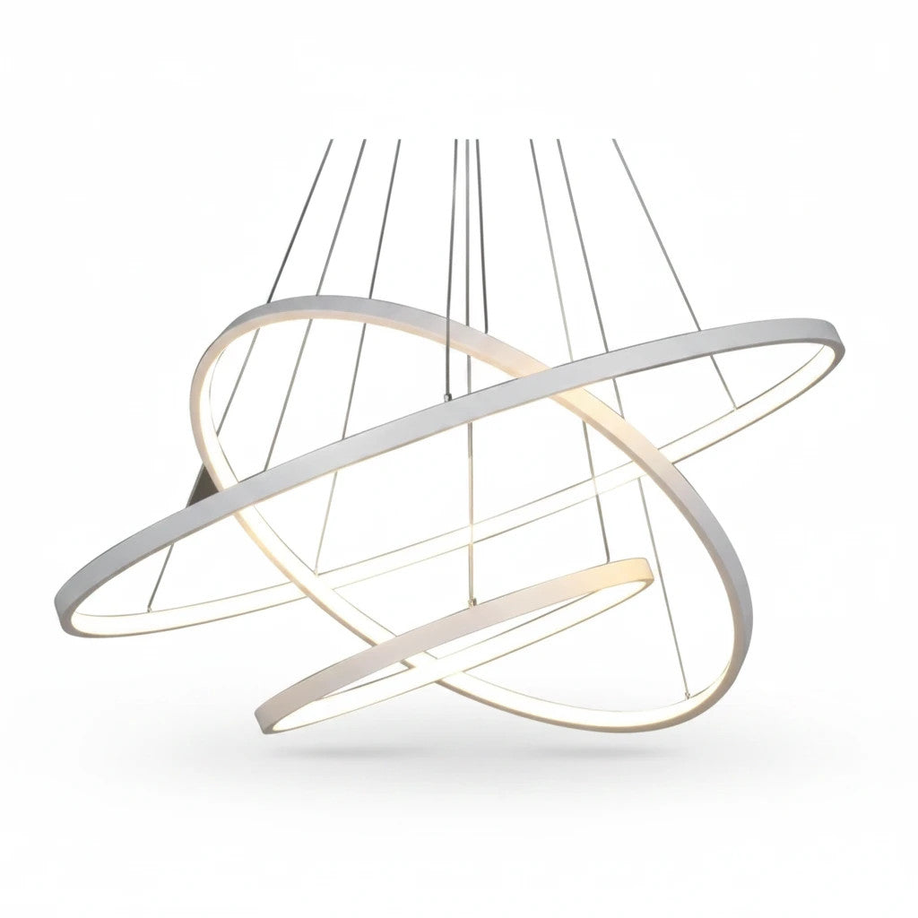 Lysverden moderne hvit LED-ringlysekrone med tre kryssende sirkellys i minimalistisk skulpturell design