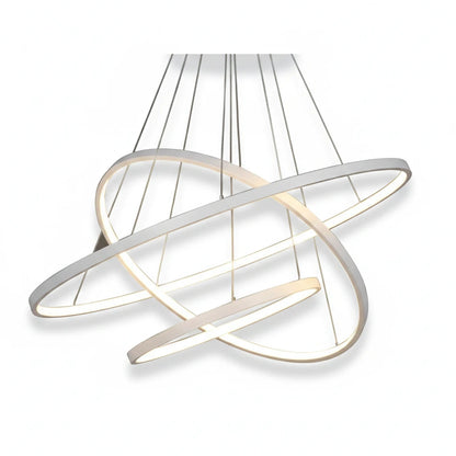 Lysverden moderne hvit LED-ringlysekrone med tre overlappende sirkellys i minimalistisk skulpturell design.