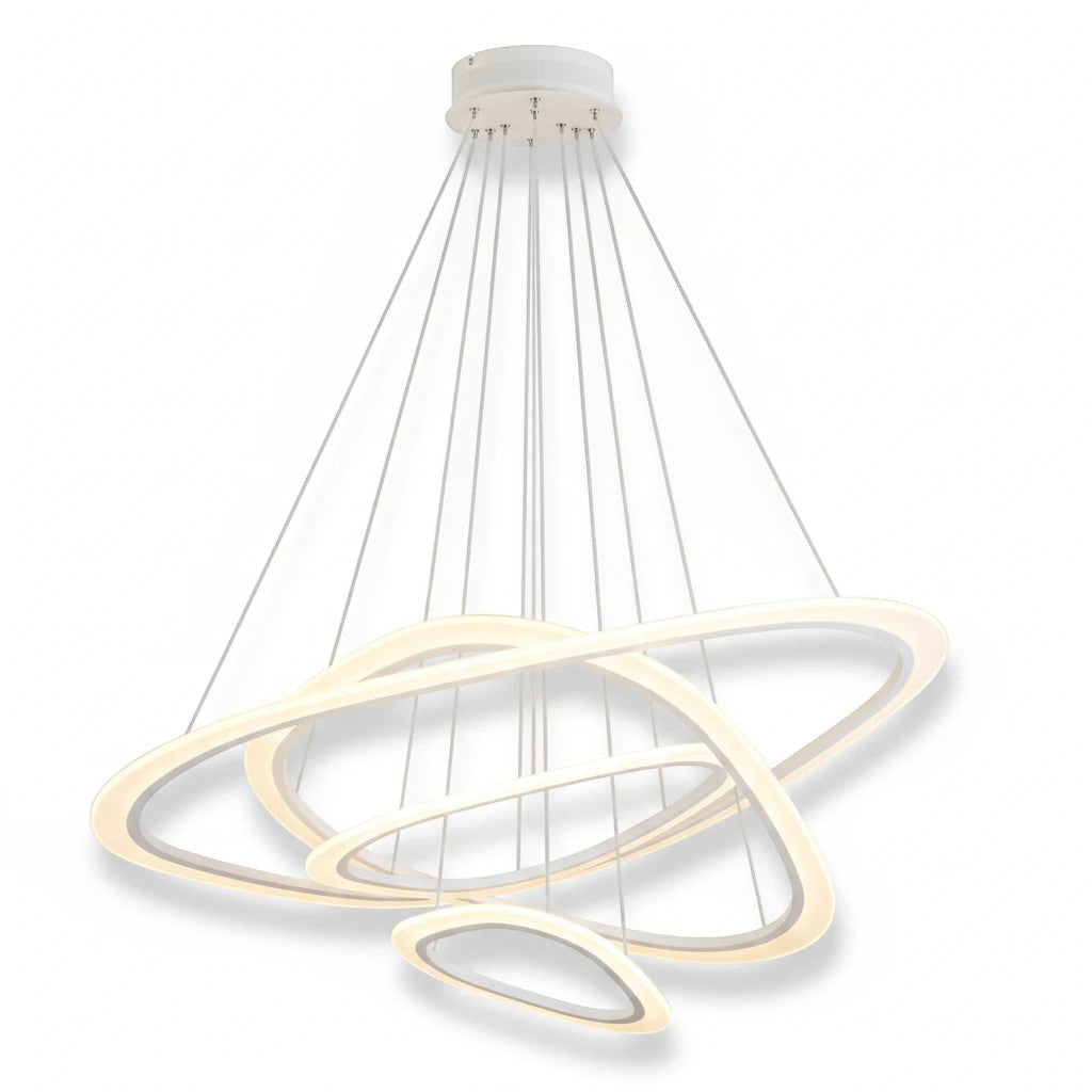 Lysverden moderne hvit LED-ringlysekrone med konsentriske opphengte ringer i akryl og metall for høye tak.