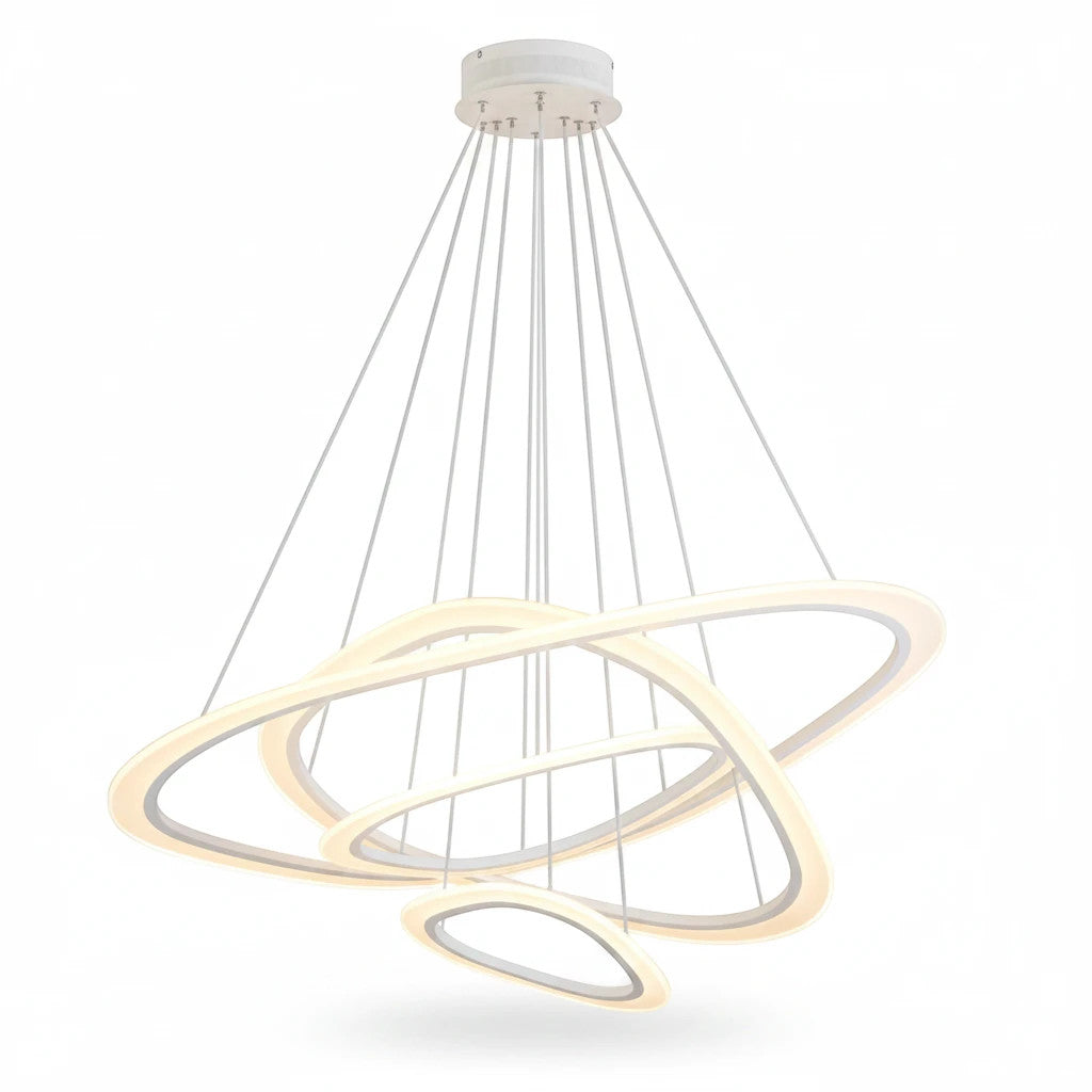 Lysverden moderne hvit LED-ringlysekrone med konsentriske ringer i metall og akryl for elegant innebelysning