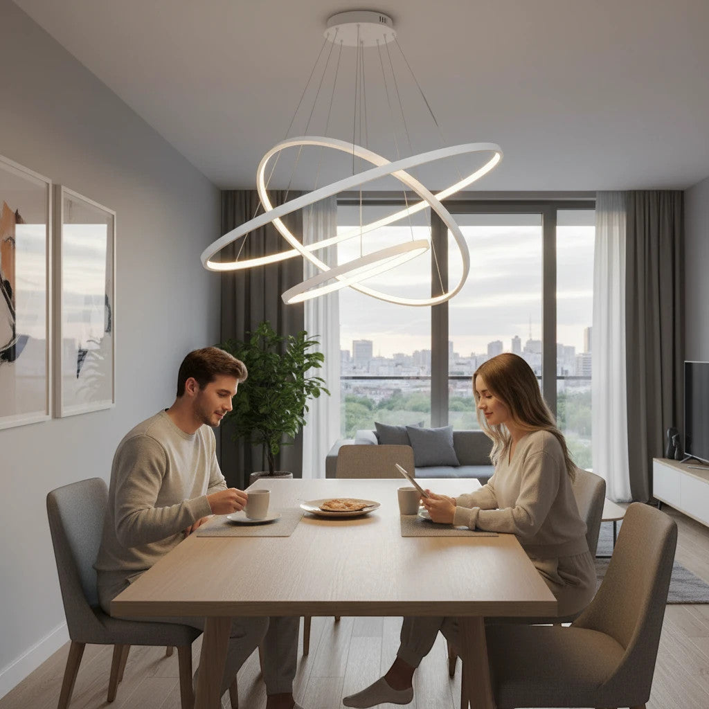 Lysverden moderne hvit LED-ringlysekrone over et spisebord med et par i en lys stue