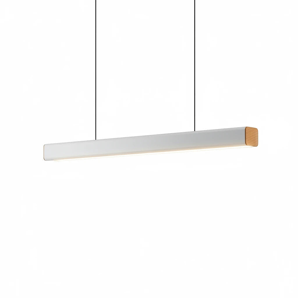 Lysverden white linear LED pendant light with a minimalist metal bar design and natural wood end detail.