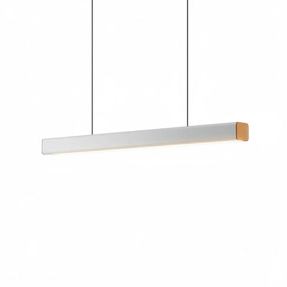 Lysverden white linear LED pendant light with a minimalist metal bar design and natural wood end detail.