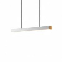 Lysverden minimalist white linear LED pendant light with a warm wood end detail for modern dining or office spaces.