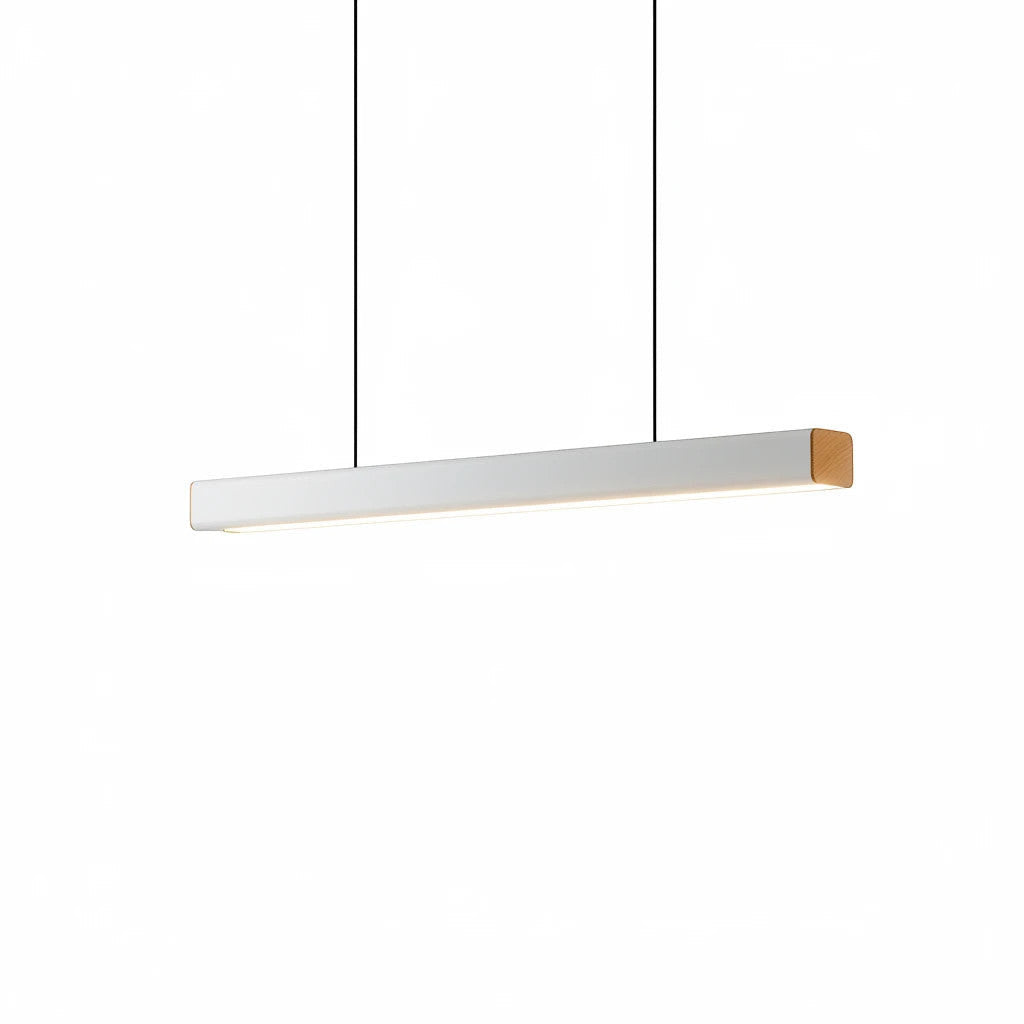 Lysverden minimalist white linear LED pendant light with a warm wood end detail for modern dining or office spaces.