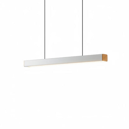 Lysverden minimalist white linear LED pendant light with a warm wood end detail for modern dining or office spaces.