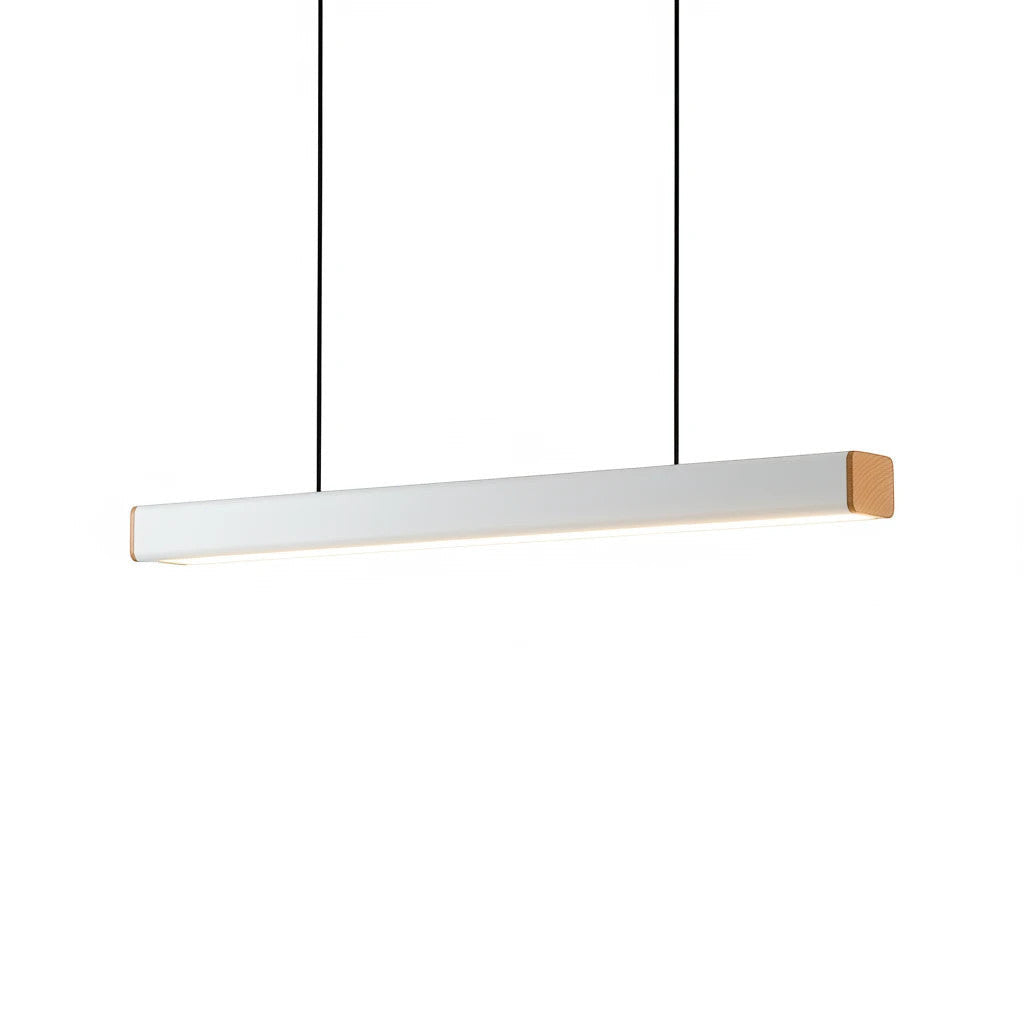 Lysverden minimalist white linear LED pendant light with wooden end detail for modern dining or office lighting.