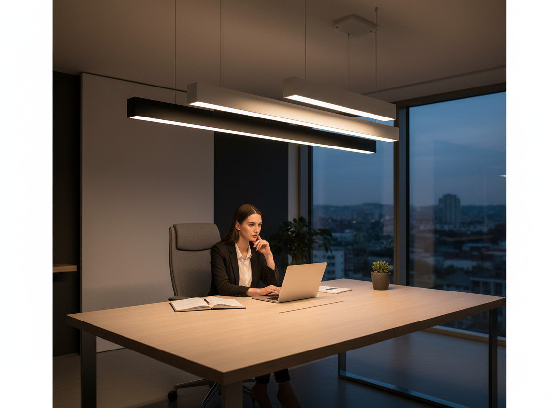 Lysverden white linkable LED linear pendant light, 36W, 4000K neutral white, 1200mm, modern office lighting.