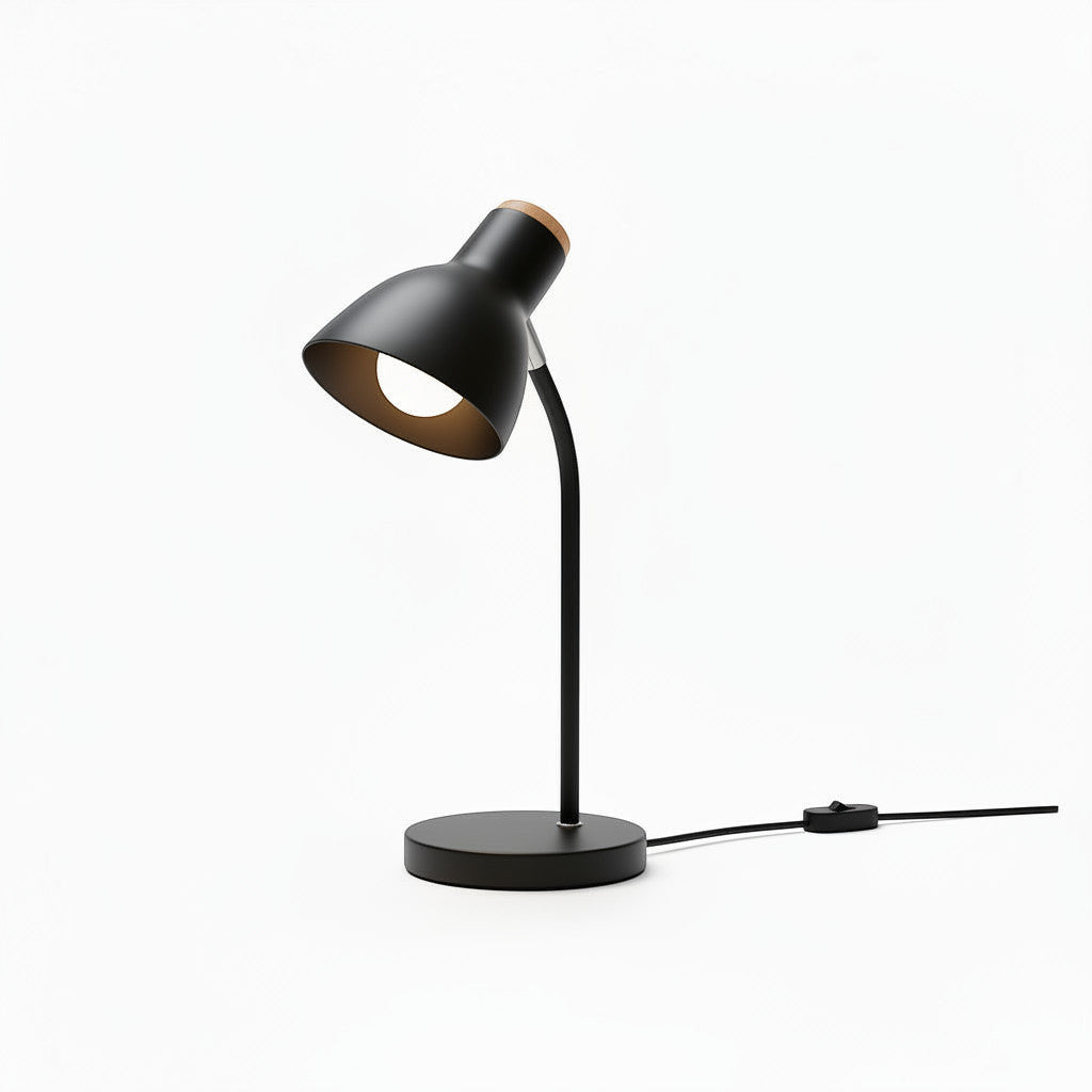 Lysverden white macaron desk lamp with adjustable shade and wooden accent on a round base. Modern Nordic design.