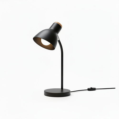 Lysverden white macaron desk lamp with adjustable shade and wooden accent on a round base. Modern Nordic design.