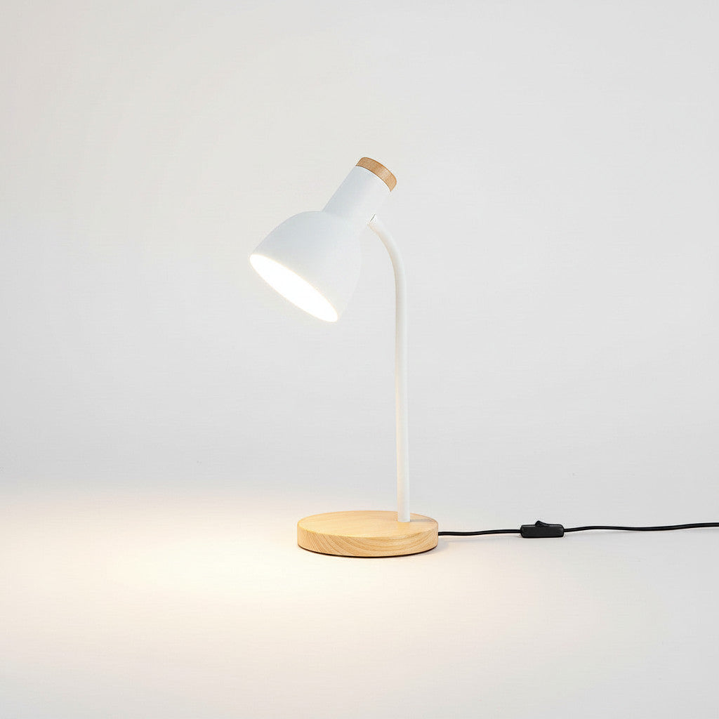 Lysverden white metal desk lamp with flexible arm and natural wood base, E27 socket, adjustable shade.