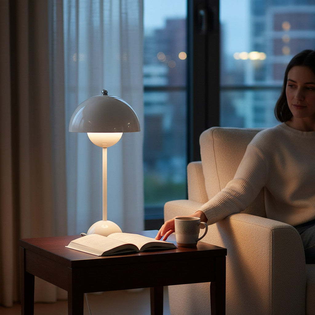 Lysverden white metal Flowerpot table lamp with double dome design and E27 socket.